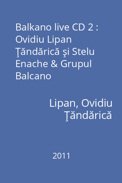 Balkano live CD 2 : Ovidiu Lipan Ţăndărică şi Stelu Enache & Grupul Balcano