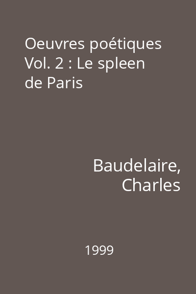Oeuvres poétiques Vol. 2 : Le spleen de Paris