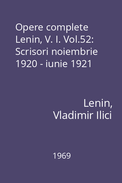 Opere complete Lenin, V. I. Vol.52: Scrisori noiembrie 1920 - iunie 1921